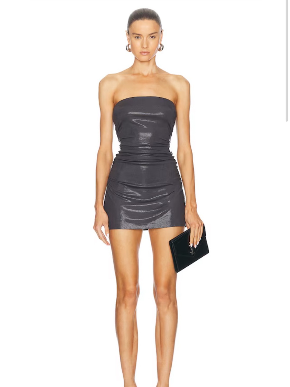 Norma Kamali Strapless Pickleball dress charcoal shiny mini